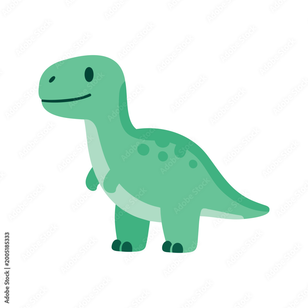Fototapeta premium Cartoon dinosaur with a gentle smile standing on a white background in a simplistic style
