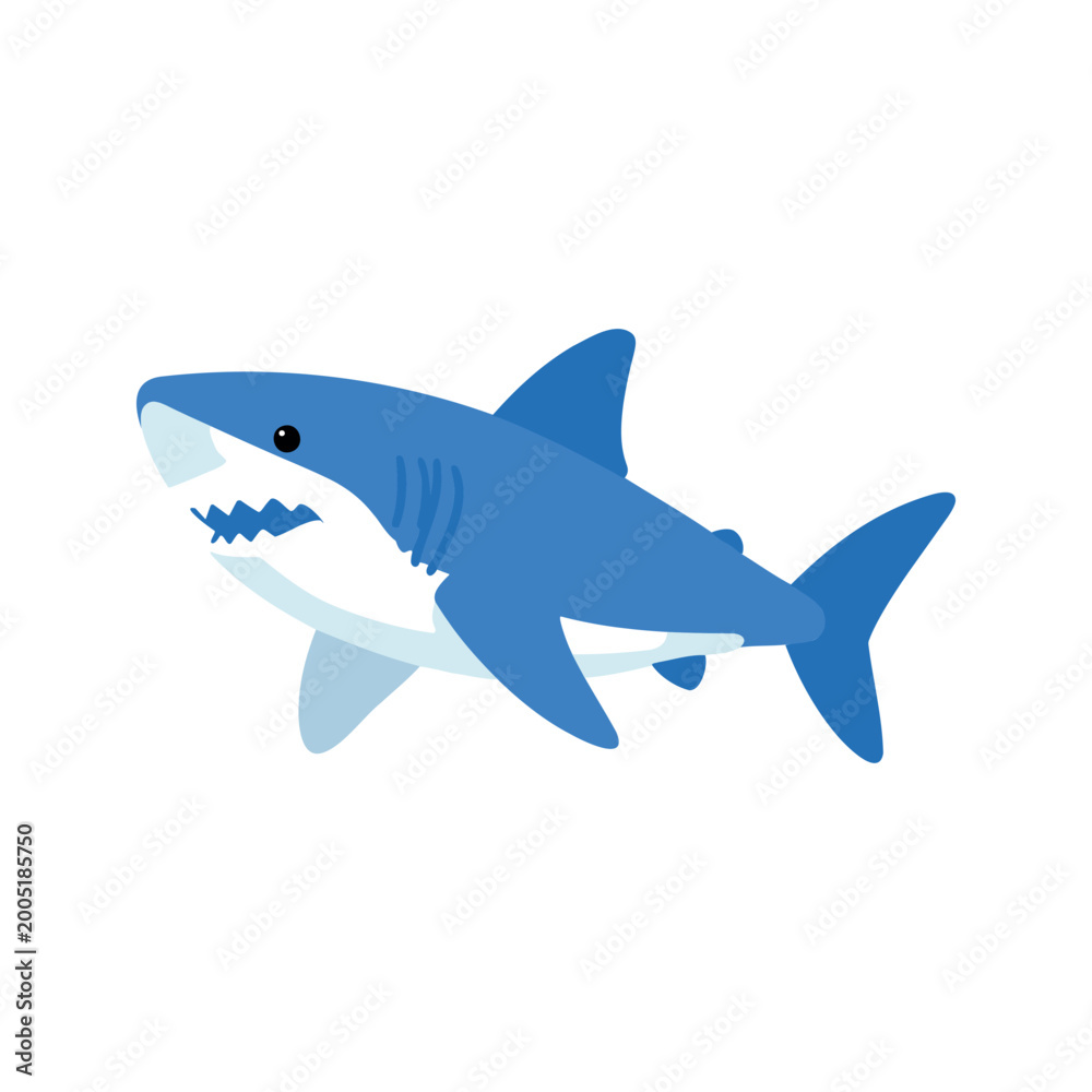 Obraz premium Cartoon great white shark with sharp teeth swimming in the ocean on a white background