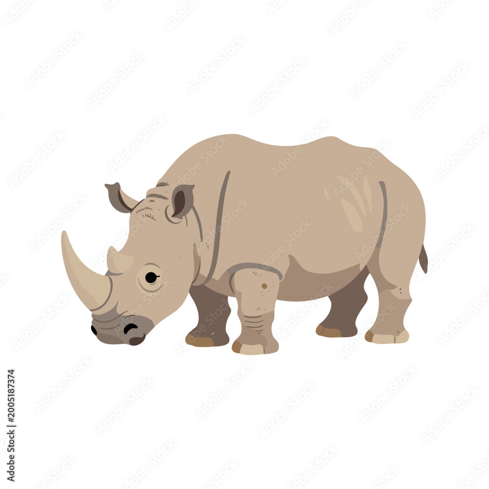 Obraz premium Illustration of a light brown rhinoceros with a large horn standing on a white background