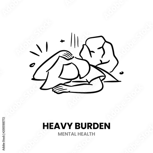 Heavy burden, woman, female, stress, person, problem, pressure, weight, carry, hard, tired. Vector Illustration