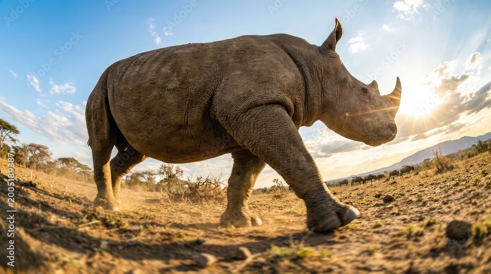 Fototapeta premium Rhino walking in a dry landscape with sun flare and wildebeest in the background