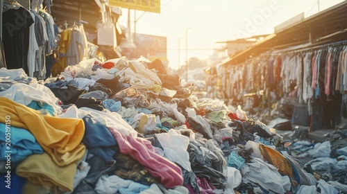 Massive Piles of Discarded Fast Fashion Clothing Accumulate Outdoors in Sunlight