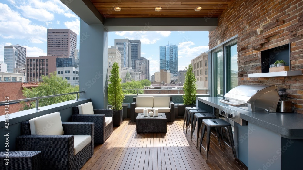 Fototapeta premium Modern Rooftop Lounge with Comfortable Seating and City View Overlooking Urban Skyline with Bright Blue Sky and Decorative Plants