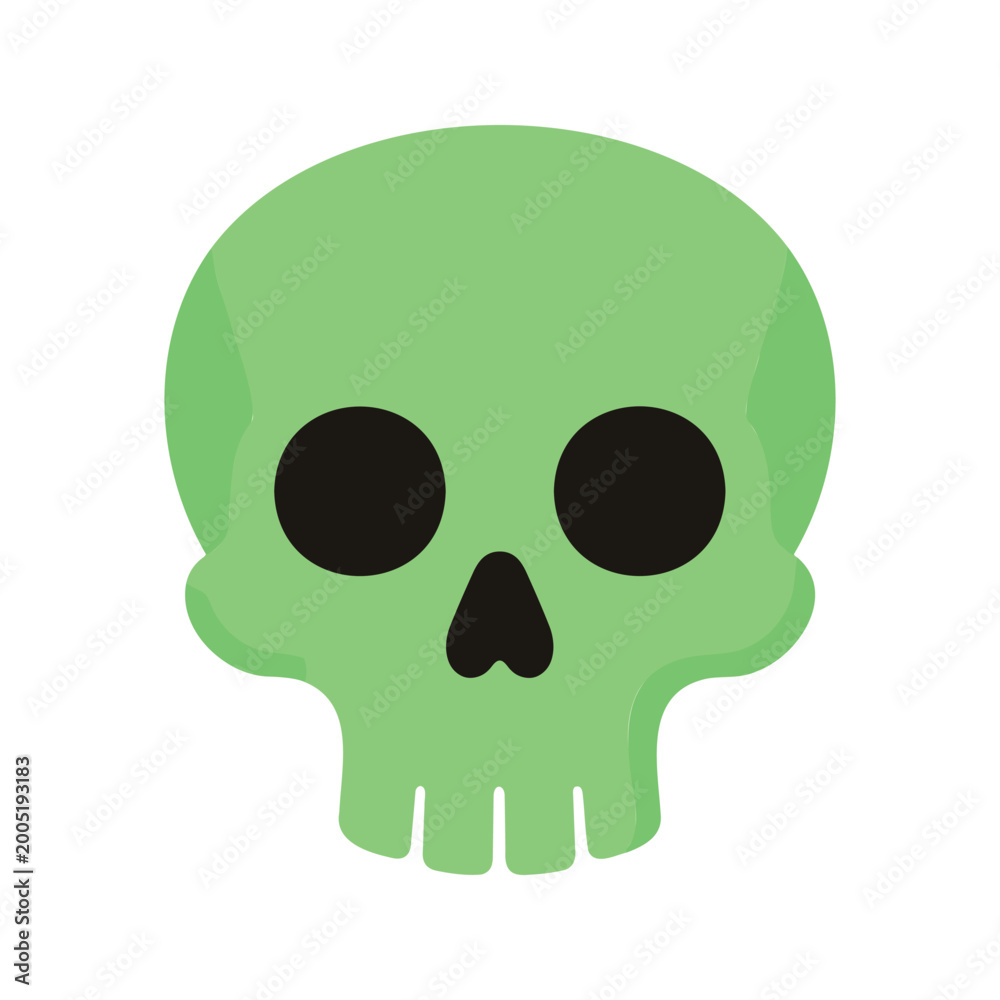 Fototapeta premium Cartoonish green skull with empty eye sockets and triangular nasal cavity on white backdrop