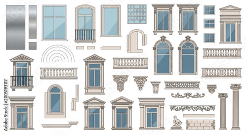 Classical Window and Facade Detail CAD Blocks Collection – Ornate Architectural Elements, Columns, Balustrades Vector Set