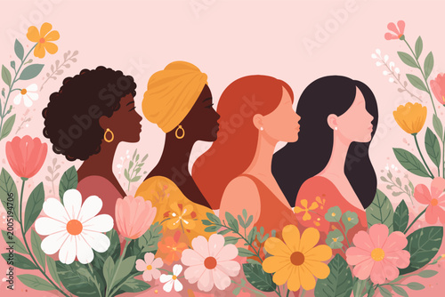 International Women's Day 2026 Banner with Diverse Female Silhouettes and Colorful Spring Flowers. Empowered Women of Different Ethnicities Standing Together in a Floral Garden Vector Illustration.