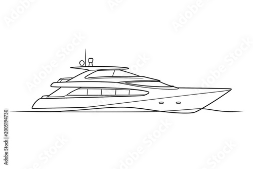 Minimalist One Line Drawing of a Luxury Yacht Vector Illustration. Elegant Continuous Line Art of a Modern Boat Outline Isolated on White Background for Nautical Design and Marine Travel.