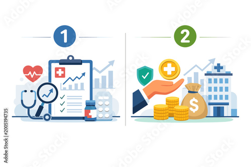 Healthcare Investment and Medical Market Forecast Infographic Template with Two Steps Showing Financial Growth Analysis, Hospital Funding, Insurance Protection, and Clinical Data Statistics Vector