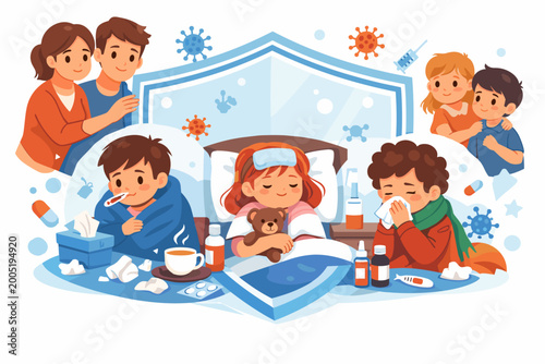 Sick Children and Ill Kids at Home with Caring Parents, Family Protecting Children from Diseases and Viruses with Medicine and Healthcare, Flu and Cold Treatment Flat Vector Illustration