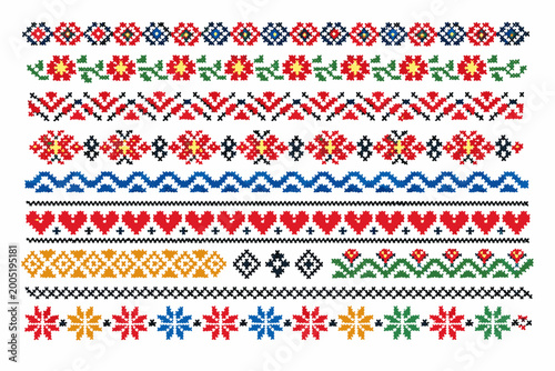 Set of Hand Drawn Cross Stitch Borders with Ethnic Folk Designs. Traditional Embroidery Patterns Featuring Flowers, Hearts, Stars, and Geometric Shapes for Textile, Craft, and Scrapbooking.
