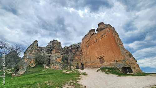 Yaziilikaya (Midas Monument) in Han district of Eskişehir, a monumental Phrygian rock façade carved in the 7th century BCE, rising about 17 meters high and decorated with geometric reliefs