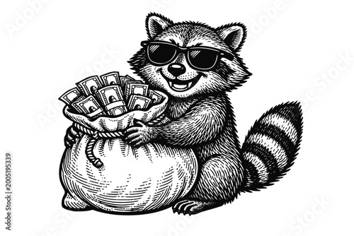 Vintage Engraving Style Vector Illustration of a Cool Raccoon Wearing Sunglasses and Smiling While Holding a Large Money Bag Full of Cash, Bandit Mascot Character Design for Wealth and Success