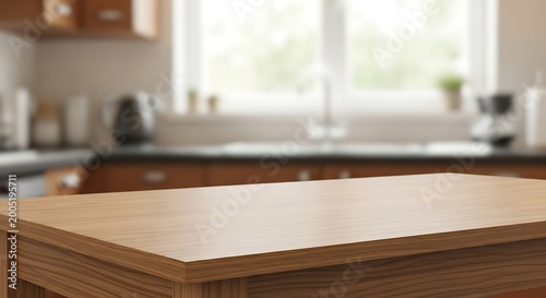 Wooden table top on blurred kitchen background for product display