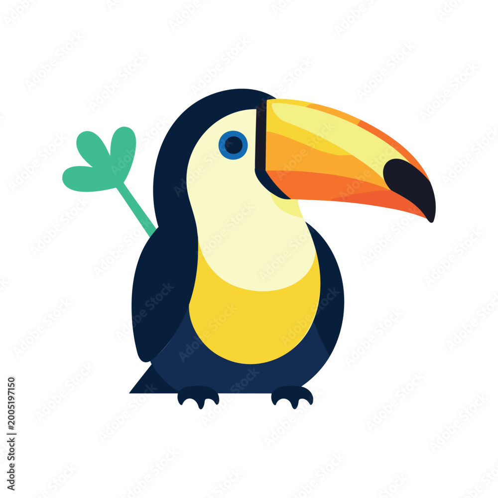 Fototapeta premium Cute cartoon toucan standing with a green plant waving its wing in a friendly manner