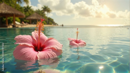 Two stunning pink flowers adrift in clear, inviting water, evoking a serene tropical vacation.