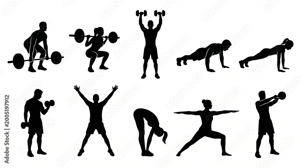 Fototapeta premium Black silhouettes of diverse athletes performing various gym workout and fitness exercises, concept for health promotion, professional physical training and weight loss motivation