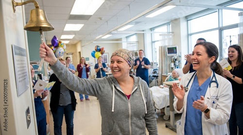Patient rings the victory bell in a hospital hallway surrounded by medical staff celebrating the end of her successful cancer treatment journey.