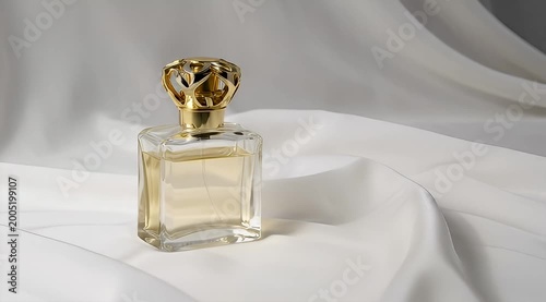 Elegant perfume bottle with golden cap resting on soft white fabric