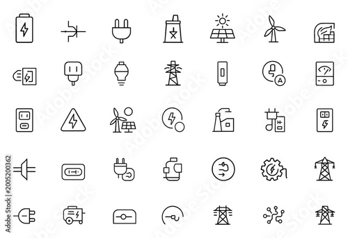 Electricity power vector icon set: battery, circuit, transformer, plug, bulb, nuclear, solar, wind and energy efficiency symbols, smart grid and sustainable energy solutions
