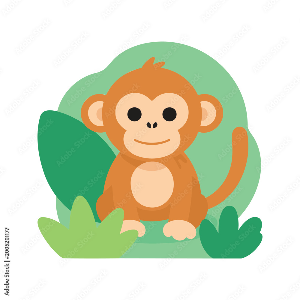 Obraz premium Cartoon monkey sits among the grass and leaves in a jungle setting on a white background