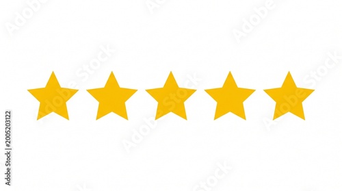 Five golden stars aligned horizontally on a white background, concept for customer feedback, business rating and service excellence