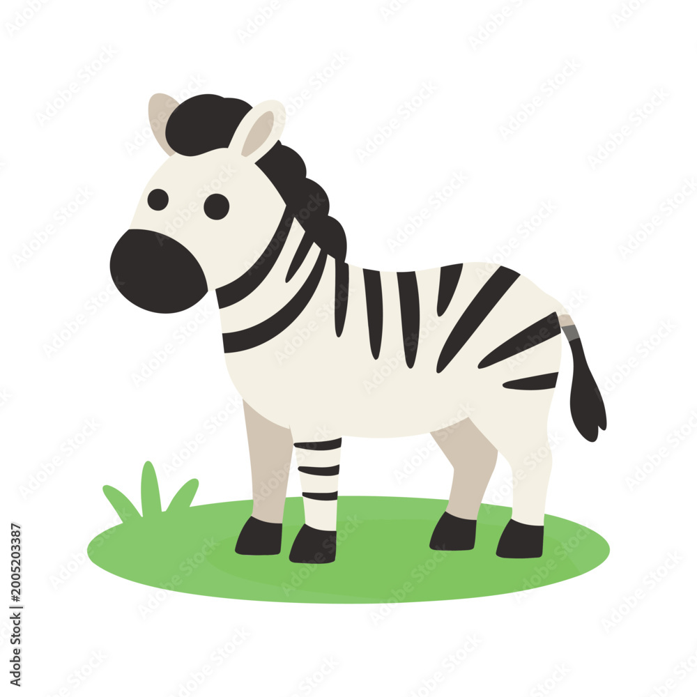 Fototapeta premium Cute cartoon zebra standing on a green patch of grass with a white background
