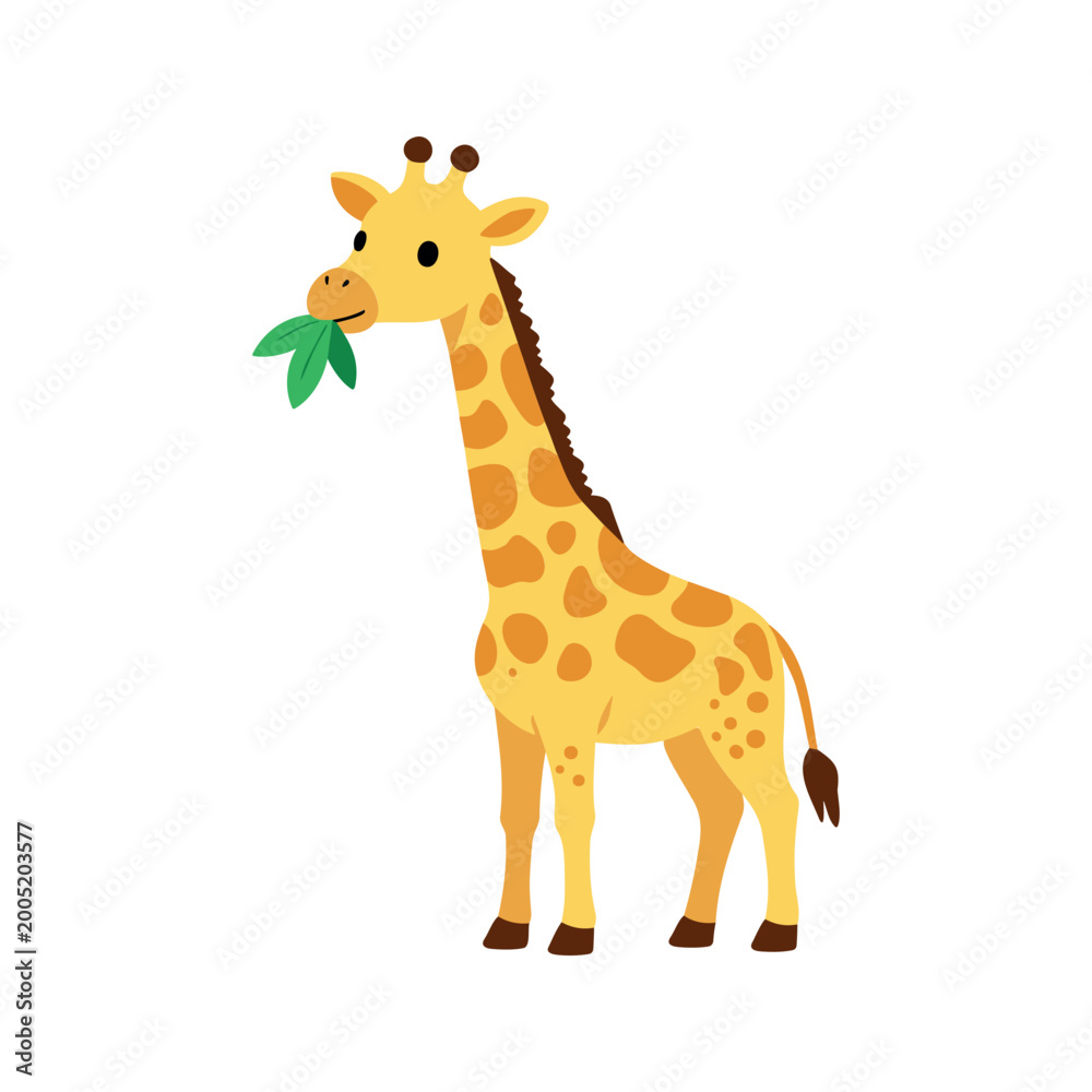 Fototapeta premium Cartoon giraffe with brown spots is standing and eating green leaves in its mouth