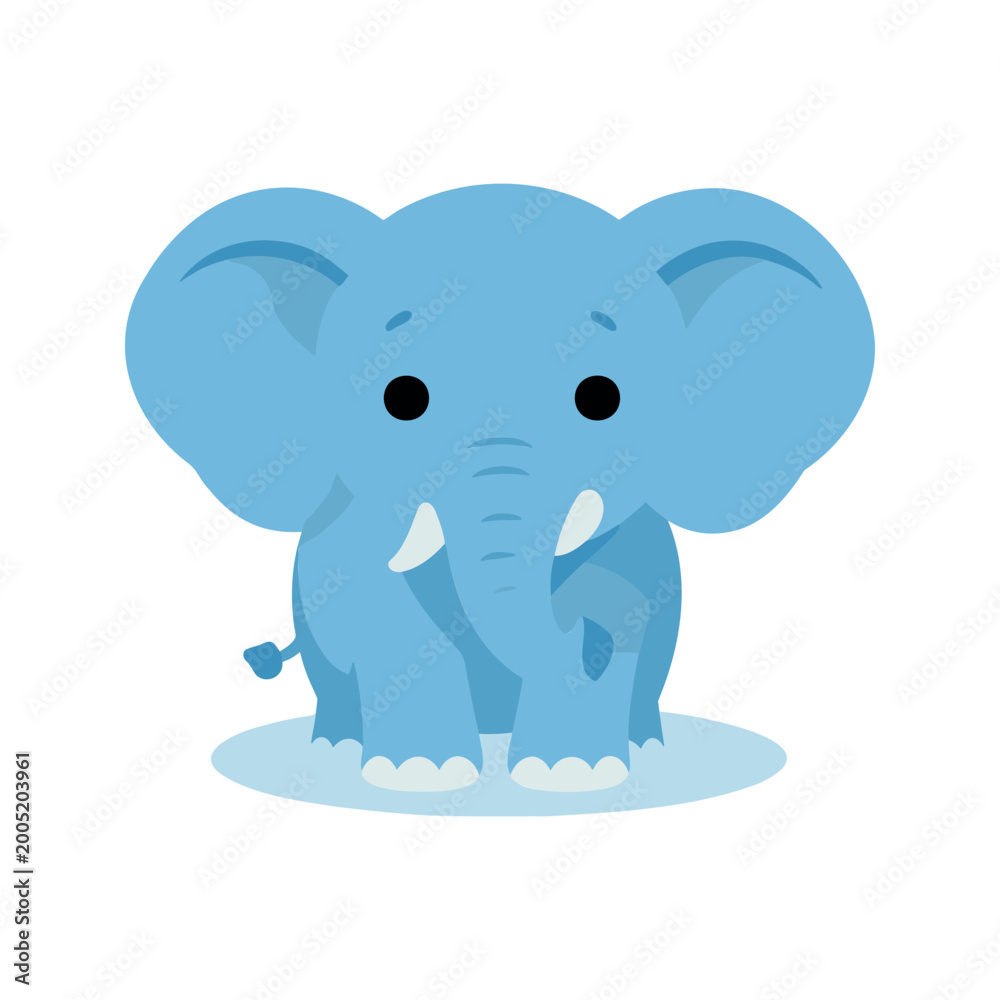 Fototapeta premium A light blue baby elephant is depicted standing on a shadow, featuring large ears and small, round black eyes, in a vector illustration.