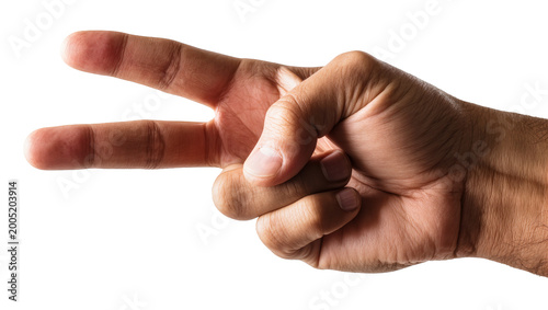 Fotografie Brown Male Hand Forming Peace Sign with Two Fingers