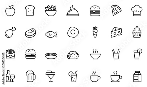 Tableau sur toile Food and drink icon set in linear thin line style with editable stroke