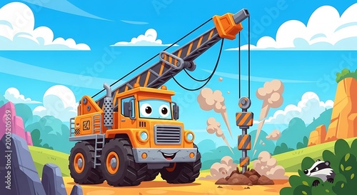 Cartoon construction site with crane truck.