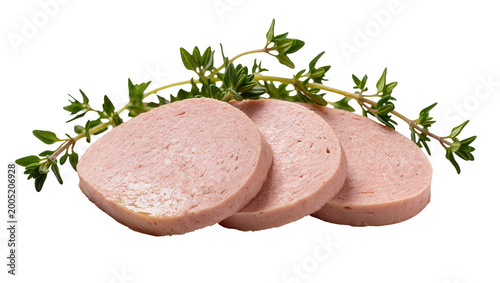 Canvastavla Sliced cooked ham with fresh green thyme sprigs