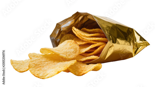 Fotografía Open Gold Foil Pouch Overflowing with Crispy Potato Chips