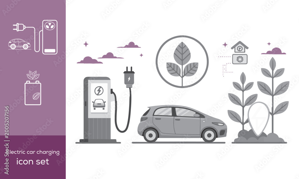 Fototapeta premium Electric car charging icons showing different charging stations and plug types