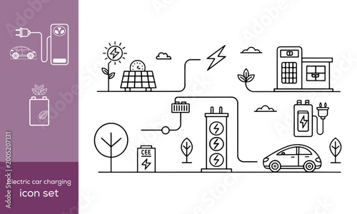 Electric car charging icons showing different charging stations and plug types