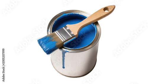 Schilderij op canvas Open Blue Paint Can with Bristle Brush Resting Inside
