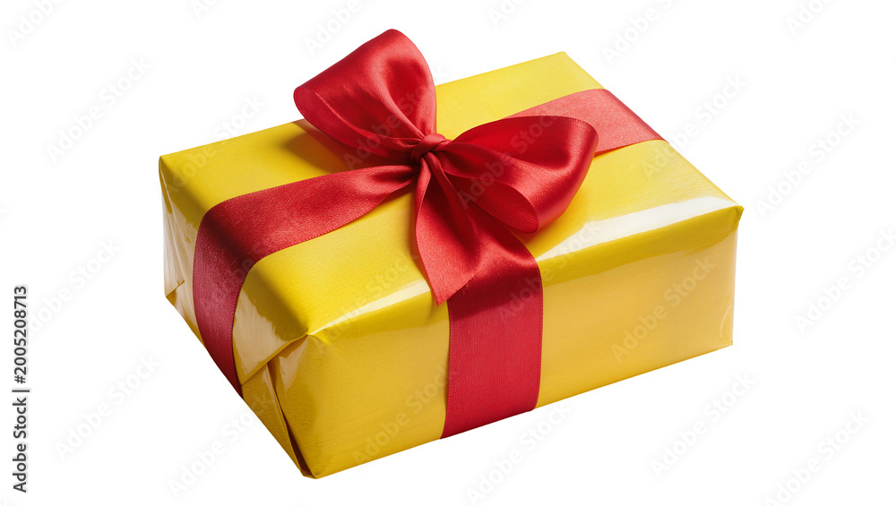 Fototapeta premium Yellow Gift Box Wrapped with Bright Red Satin Ribbon Bow