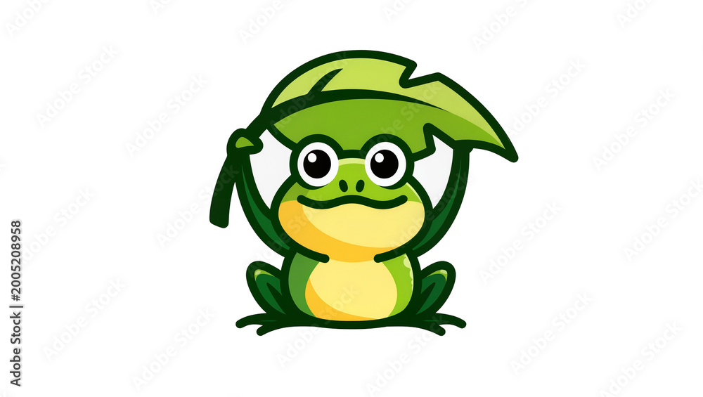 Fototapeta premium Green Cartoon Frog with Leaf Umbrella and Yellow Belly