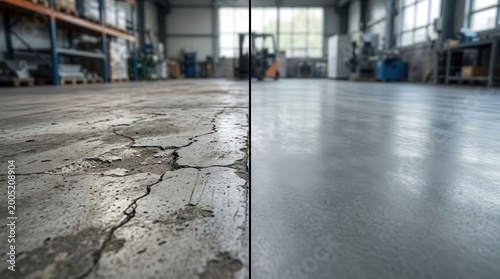 Before-and-after comparison of uneven cracked concrete floor showing damaged slab and repaired smooth surface.