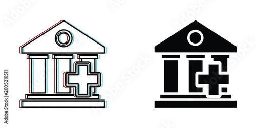 Contrast between classic and modern medical or pharmacy symbols integrated with architecture