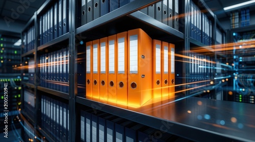 Glowing orange binders on a shelf representing enterprise content management and digital asset organization.