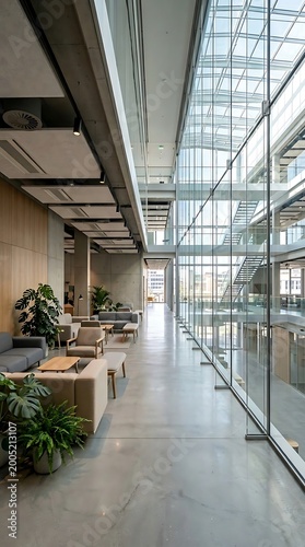 Modern office interior with natural light and plants creating a welcoming and productive work environment