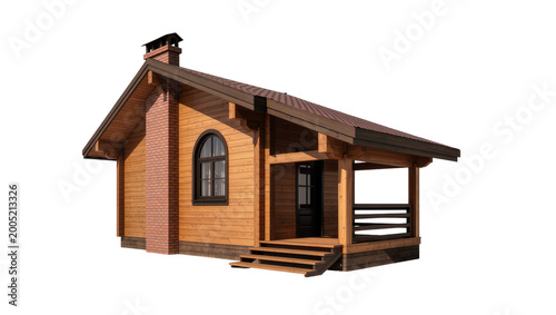 Photography Rustic Wooden Cottage with Brick Chimney and Small Porch