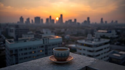 A serene cup of tea resting on a rooftop balcony overlooking a city skyline during a golden sunset