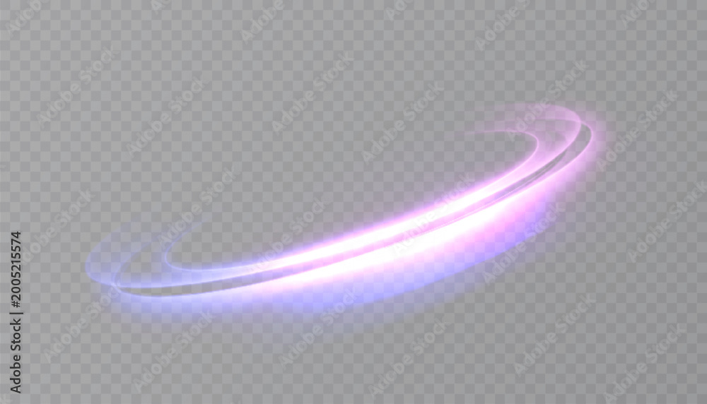 Obraz premium Bright purple light trail with glowing curved stream and sparkling light glare, isolated vector light effect on transparent background.