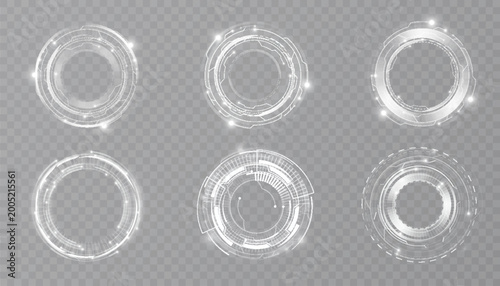White illuminated round digital interface rings with light details and futuristic technology elements isolated on transparent background.