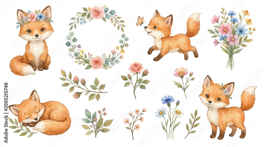 Fototapeta premium Cute watercolor fox clipart set, woodland animal with floral wreaths and botanical elements in soft natural pastel tones. Collection of Vector illustrations for invitation, card, poster, banner, decor