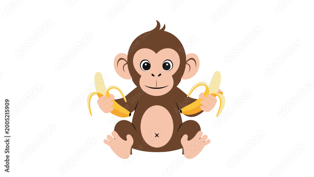 Fototapeta premium Adorable cartoon monkey sitting and holding two peeled yellow bananas in its hands isolated on white background for kids design.