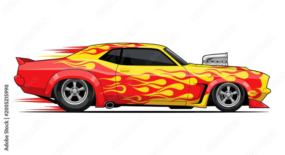 Naklejka premium Hot Rod Car with Flames Graphic Illustration - Fast Vehicle Art