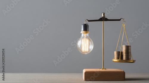 An idea weighing the cost with money on a balance scale. The light bulb represents the idea with coins on the other side of scale.
